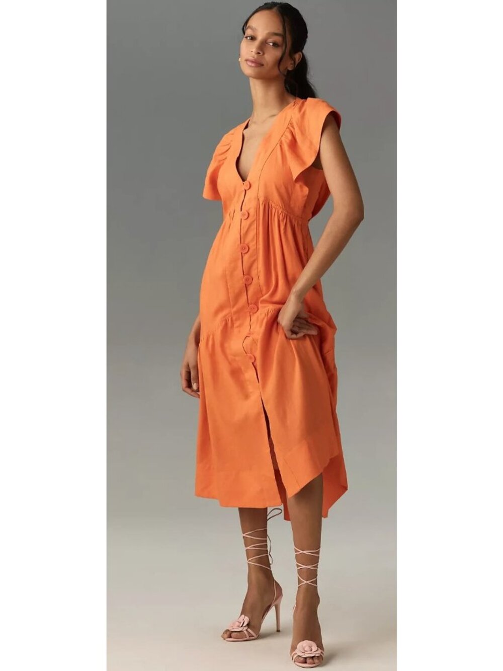 Anthropologie Renee Flutter Sleeve Midi Dress Small Linen Button Front Preppy